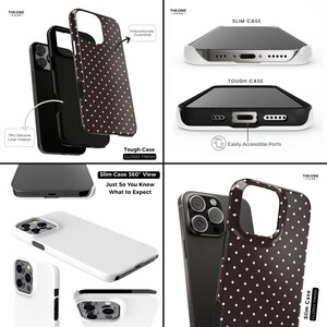May include: A collection of phone cases, including a tough case and a slim case. The tough case is black with white polka dots and a glossy finish. The slim case is white. The cases have easily accessible ports and a TPU silicone liner interior.