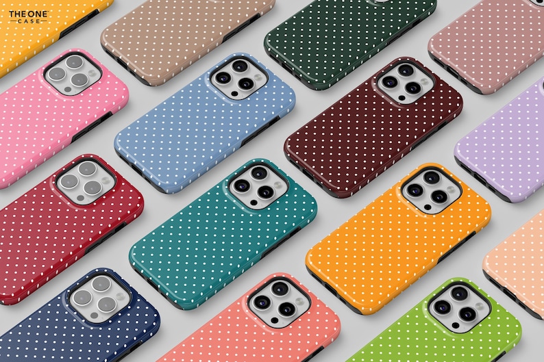 May include: A variety of phone cases with different polka dot patterns. The cases are in various colors, including pink, blue, green, yellow, and red. The cases are all made of a soft, flexible material and have a raised lip around the camera lens to protect it from scratches.