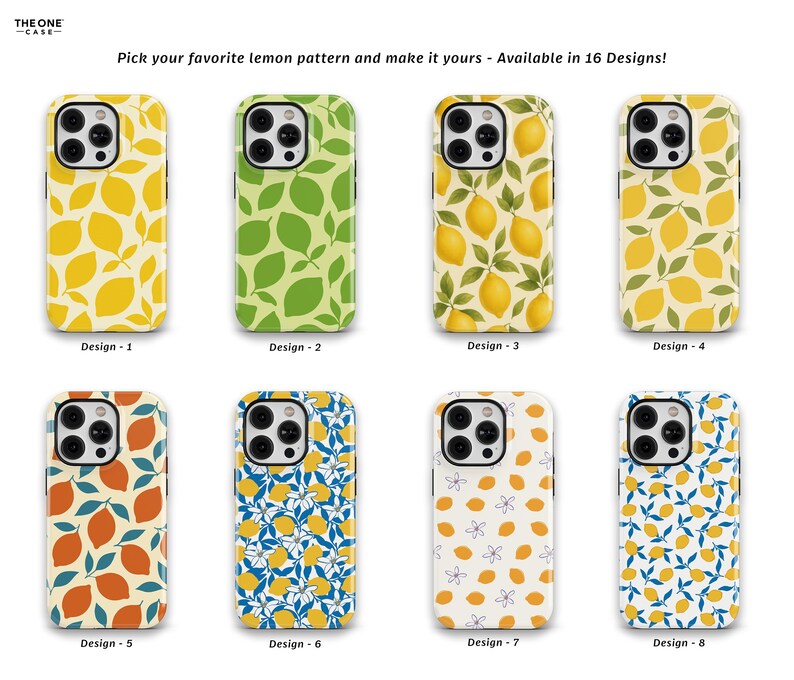 Op de afbeelding: Een verzameling telefoonhoesjes met verschillende citroenpatronen. De hoesjes hebben patronen van citroenen, bladeren en bloemstukken in geel, groen, oranje en blauw. De tekst op de afbeelding luidt: "Kies je favoriete citroenpatroon en maak het van jou - Verkrijgbaar in 16 ontwerpen!"