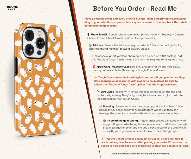 May include: A phone case with a repeating pattern of white ghost illustrations on an orange background. The case has a glossy finish and a black camera module. The text "THE ONE -CASE-" is in the upper left corner.