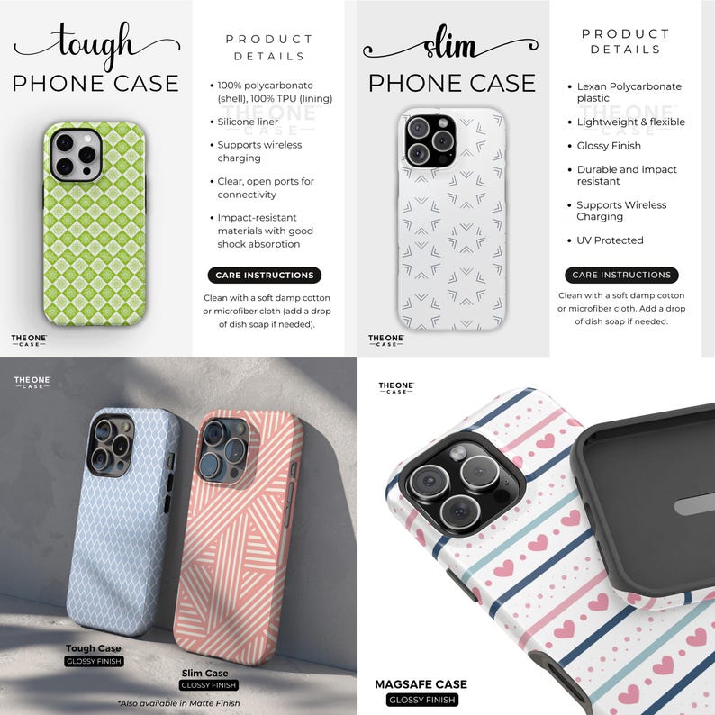May include: Four different phone cases with various designs. The cases are all for the iPhone 13 Pro Max. The first case is a tough case with a green geometric pattern. The second case is a slim case with a white and gray geometric pattern. The third case is a slim case with a pink and white striped pattern. The fourth case is a MagSafe case with a pink and white striped pattern with hearts.