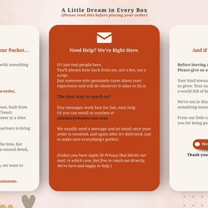 May include: A graphic with three panels of text on a light beige background. The panels are in shades of orange and beige. The text discusses customer service, order details, and the shop's values.