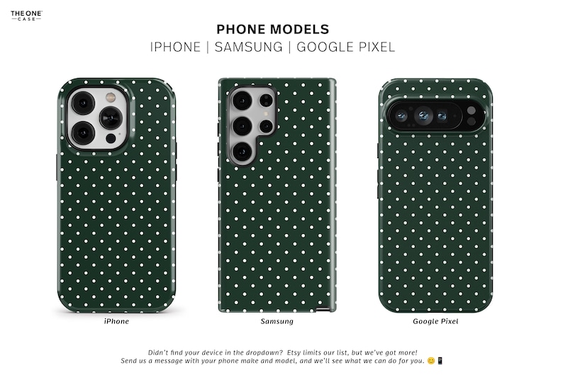 May include: Three phone cases with a green background and white polka dots. The cases are for iPhone, Samsung, and Google Pixel.