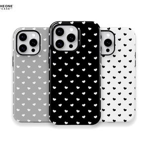 Black and White Hearts Phone Case for iPhone 16 15 14 13 Pro Max, Samsung Galaxy S24 S23, Google Pixel – Minimalist Heart Pattern | PCM-LH09