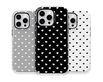 Black and White Hearts Phone Case for iPhone 16 15 14 13 Pro Max, Samsung Galaxy S24 S23, Google Pixel – Minimalist Heart Pattern | PCM-LH09