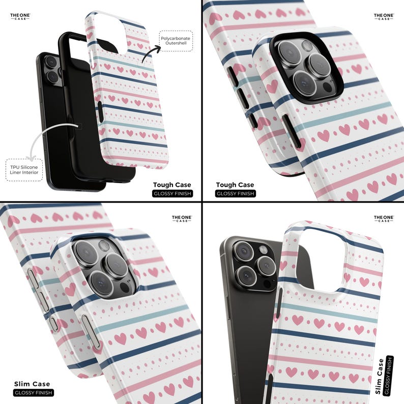 May include: Four different phone cases with a white background, pink and blue stripes, and pink hearts. The cases are labeled "Tough Case" and "Slim Case".