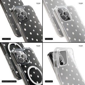 May include: Four different phone cases with a white daisy pattern on a clear background. The cases are labeled "Clear Case", "Flexi Case", "Magsafe Clear Case", and "Flexi Case".