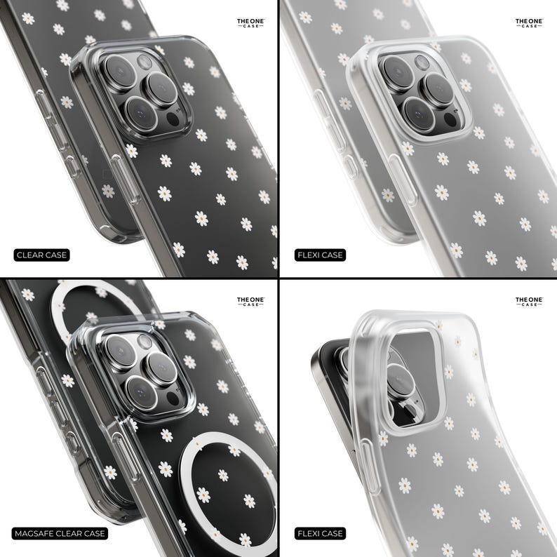 May include: Four different phone cases with a white daisy pattern on a clear background. The cases are labeled "Clear Case", "Flexi Case", "Magsafe Clear Case", and "Flexi Case".