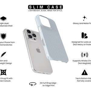 Pode incluir: Uma capa de telefone cinza claro com um design listrado, ao lado de um telefone prateado. A capa &eacute; fina e leve, com acabamento brilhante e fosco. A capa protege o telefone contra poeira e arranh&otilde;es.
