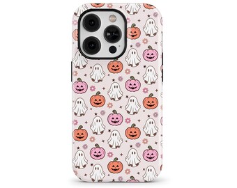 Pastel Pink Pumpkin Ghost Halloween Phone Case for iPhone 17 16e 15 14 13 Pro Max, Samsung Galaxy S25 S23, Google Pixel 10 9 8 | SOC-HW51