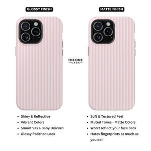 Pu&ograve; includere: Sono mostrate due custodie per telefono con strisce verticali rosa e bianche. La custodia di sinistra ha una finitura lucida, mentre quella di destra ha una finitura opaca. Il testo sulla custodia di sinistra dice "Shiny & Reflective" e "Vibrant Colors". La custodia di destra dice "Soft & Textured Feel". &Egrave; visibile anche il marchio "THE ONE -CASE-".