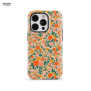 May include: A floral phone case with a cream background and a pattern of orange, pink, and yellow flowers with green leaves. The phone case has a black camera lens and the text "THE ONE -CASE-" in the upper left corner.