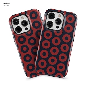 May include: Two red and black phone cases with a donut pattern. The cases are designed for an iPhone.
