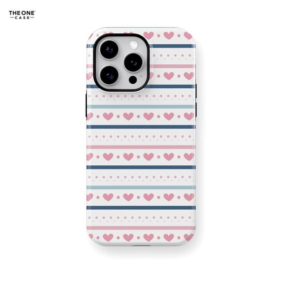 Pink Hearts Phone Case for iPhone 16 15 14 13 12 11 Pro Max, Samsung Galaxy S24 S23, Google Pixel – Cute Stripes & Heart Patterns | PCM-LH03