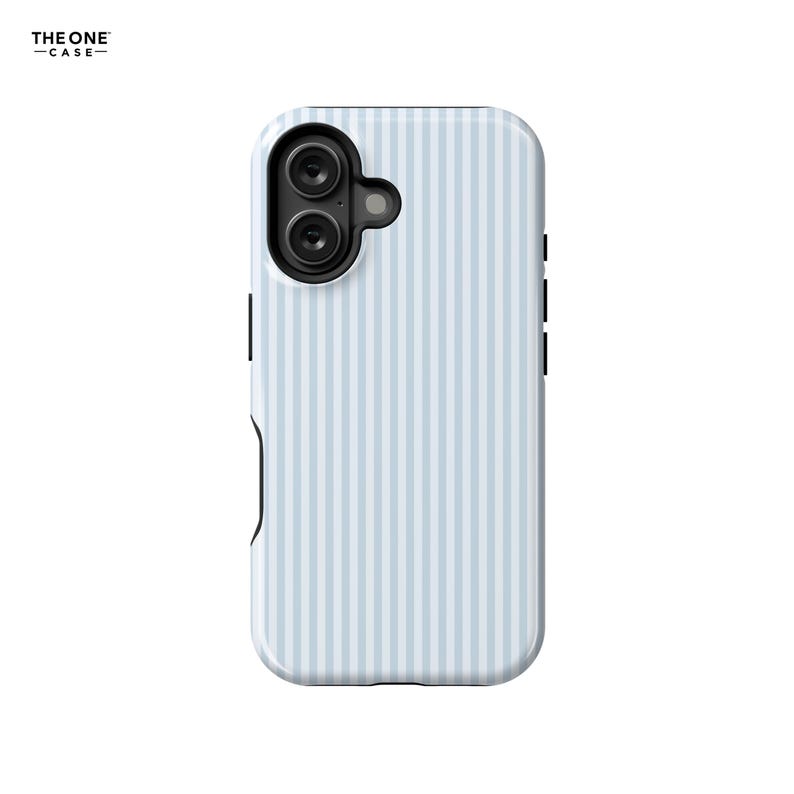 Pode incluir: Capa de smartphone com um padr&atilde;o de listras verticais em azul claro e branco. A capa tem um m&oacute;dulo de c&acirc;mera preto e bot&otilde;es laterais pretos. O texto "THE ONE -CASE-" est&aacute; no canto superior esquerdo.