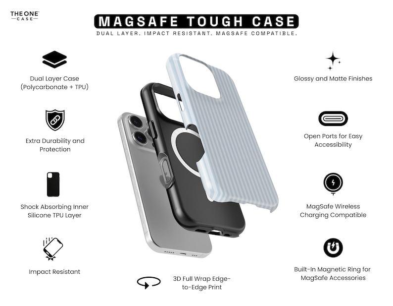 Pode incluir: Uma vista explodida de uma capa de telefone, mostrando seus componentes. A capa &eacute; composta por uma camada interna preta e uma camada externa azul clara. A imagem destaca recursos como resist&ecirc;ncia a impactos, compatibilidade com MagSafe e um design de camada dupla.