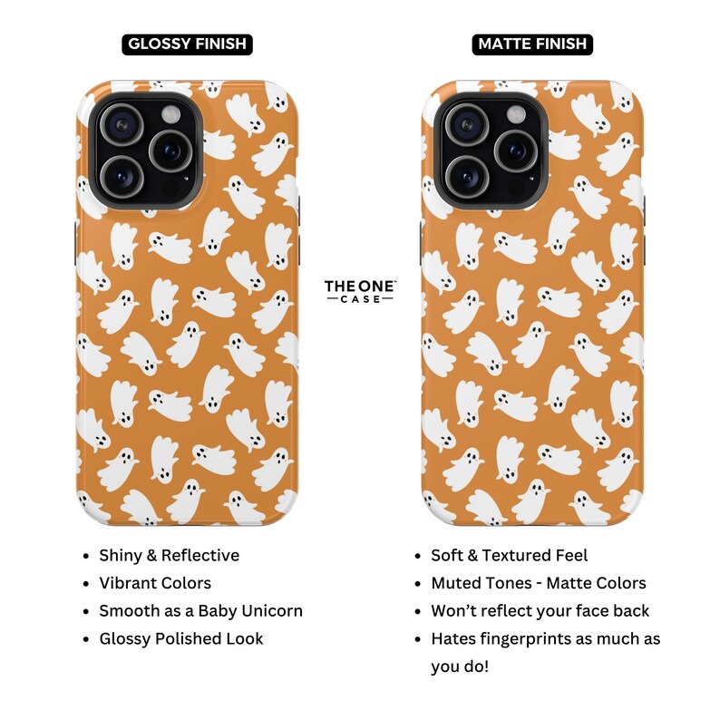 May include: Two phone cases with a Halloween ghost pattern. One case has a glossy finish, the other a matte finish. The cases are orange with white ghost illustrations. The text "THE ONE -CASE-" is visible.