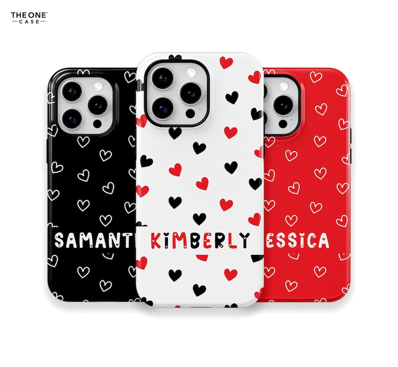Doodle Hearts Phone Case for iPhone 16 15 14 13 Pro Max, Samsung Galaxy S24 S23, Google Pixel – Custom Name | Personalized Gift | PCM-LH05 imagen 1