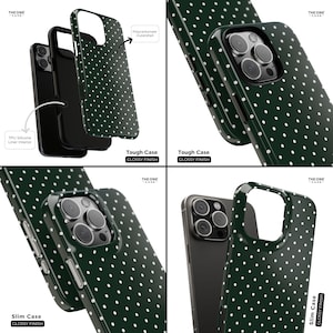 May include: Four different phone cases with a green and white polka dot pattern. The cases are shown in both a slim and tough style. The text "THE ONE - CASE" is visible on the cases.
