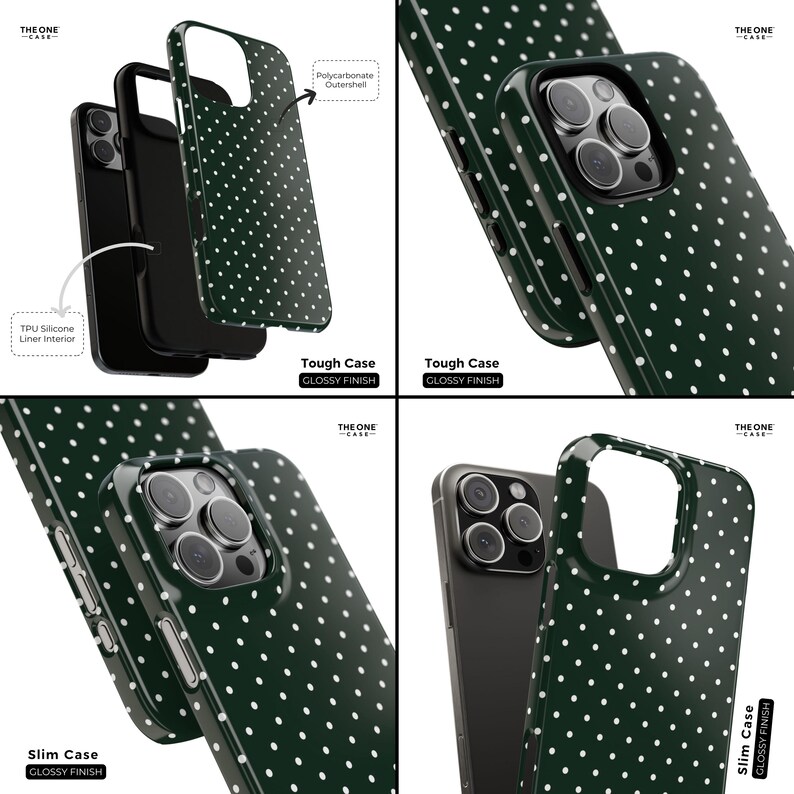 May include: Four different phone cases with a green and white polka dot pattern. The cases are shown in both a slim and tough style. The text "THE ONE - CASE" is visible on the cases.