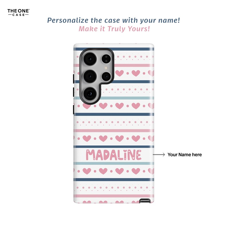 May include: A white phone case with a pink and blue striped pattern, hearts, and dots. The name "MADALINE" is printed on the case.