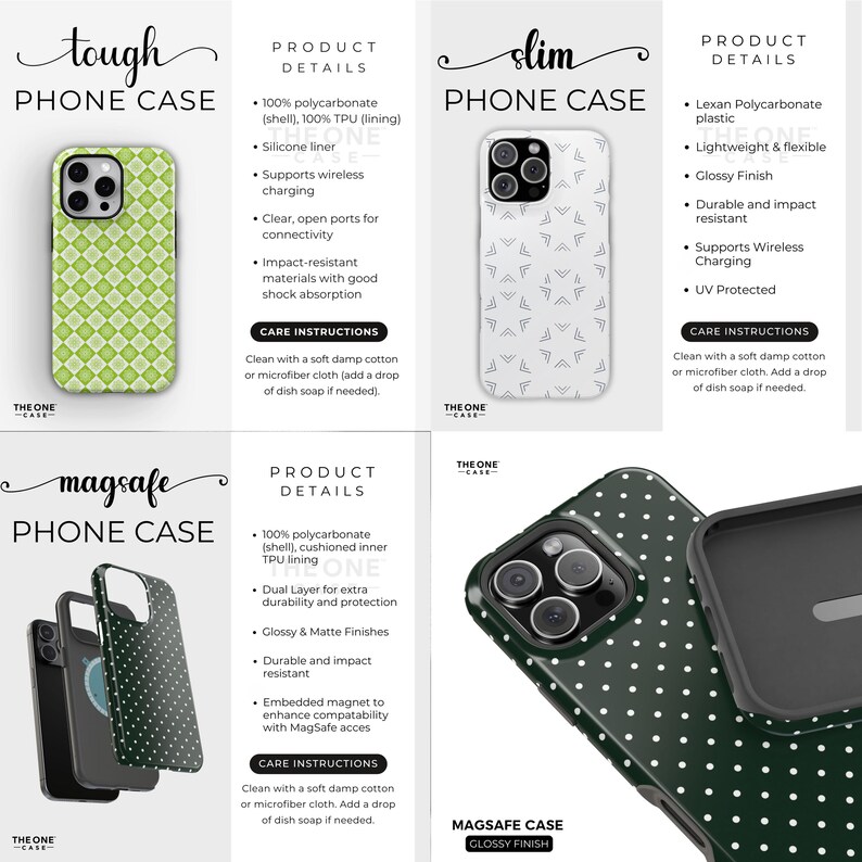 May include: Three phone cases with different designs and levels of protection. The first case is green with a geometric pattern and labeled "tough phone case". The second case is white with a white triangle pattern and labeled "slim phone case". The third case is green with white polka dots and labeled "magsafe phone case".