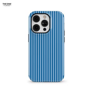 May include: A blue and light blue striped phone case. The case has a glossy finish and a camera cutout. The brand name "THE ONE CASE" is printed in the top left corner.