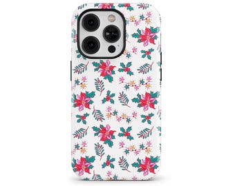 Poinsettia Christmas Floral Holly Berry Cute Winter Phone Case for iPhone 17 16 15 14 13 12 Pro Max, Galaxy S25 S24, Pixel 10 9 8 | SOC-XM52