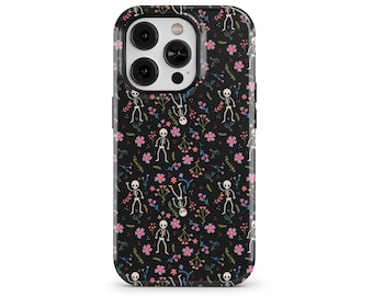Dancing Skeleton Halloween Phone Case for iPhone 17 16e 15 14 Pro Max, Samsung Galaxy S25 S23, Google Pixel 10 - Floral Patterns | SOC-HW15