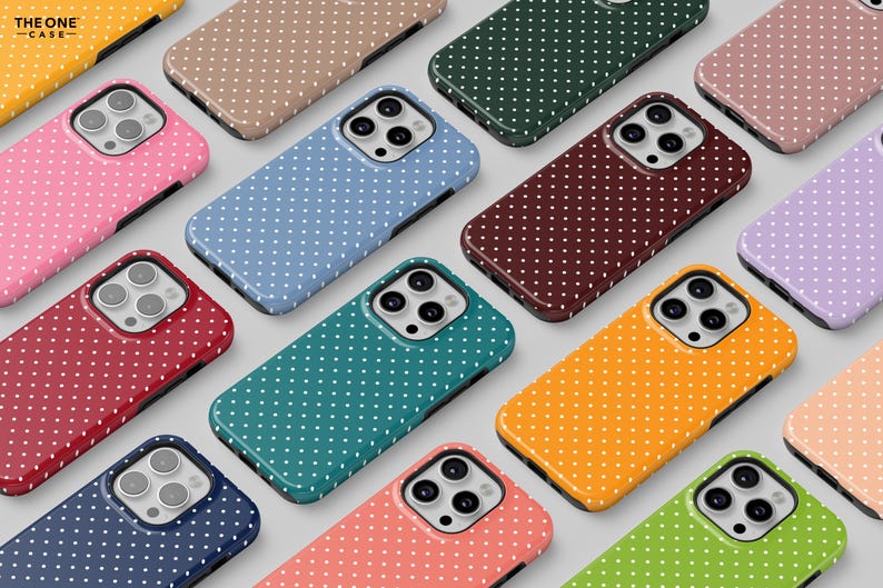 May include: A collection of colorful phone cases with a polka dot pattern. Cases are in various colors, including pink, blue, green, and yellow. The cases have a glossy finish and a black border. The brand name "THE ONE CASE" is visible in the top left corner.