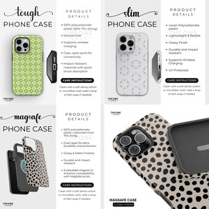 May include: A product display featuring phone cases with various designs. The cases include a green grid pattern, a white geometric pattern, and a black and tan dalmatian print. The cases are labeled as 'tough', 'slim', and 'magsafe'.