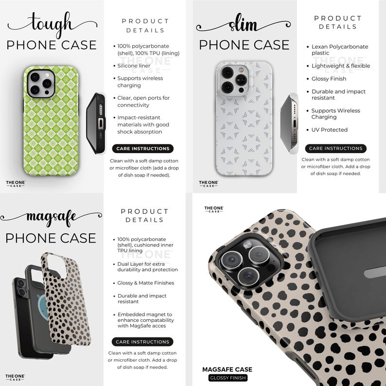 May include: A product display featuring phone cases with various designs. The cases include a green grid pattern, a white geometric pattern, and a black and tan dalmatian print. The cases are labeled as 'tough', 'slim', and 'magsafe'.