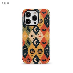 May include: A phone case with a Halloween pattern. The design features a repeating pattern of black cats, crescent moons, bats, stars, and jack-o'-lanterns on a diamond grid in orange, yellow, and navy blue.