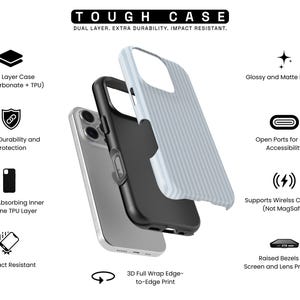 Pode incluir: Vista explodida de uma capa de telefone, mostrando seus componentes. A capa &eacute; composta por uma camada interna preta, um telefone prateado e uma camada externa azul clara com linhas verticais. O texto diz "TOUGH CASE" e "Resistente a impactos".