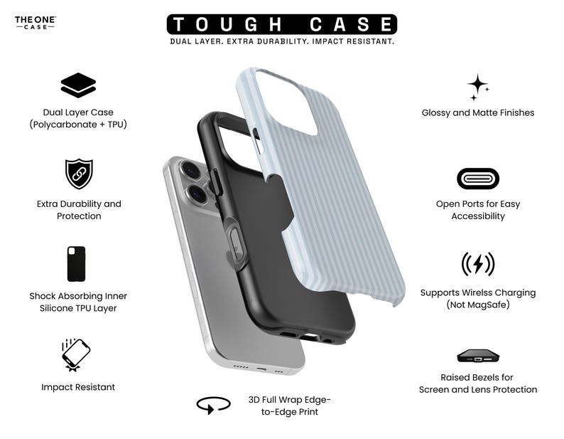 Pode incluir: Vista explodida de uma capa de telefone, mostrando seus componentes. A capa &eacute; composta por uma camada interna preta, um telefone prateado e uma camada externa azul clara com linhas verticais. O texto diz "TOUGH CASE" e "Resistente a impactos".
