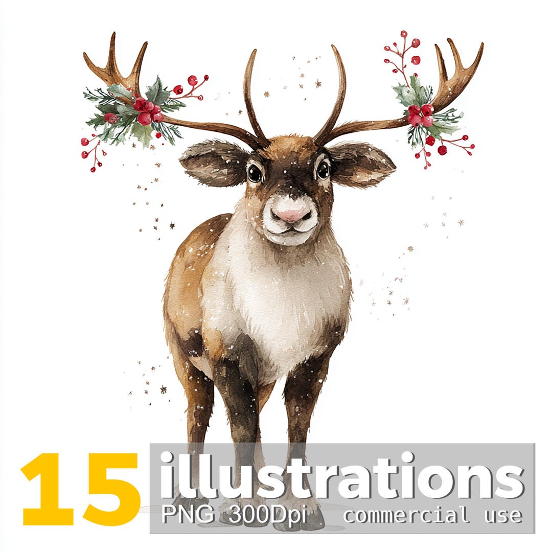 15x Reindeer Rudolph Watercolor Christmas Illustrations: PNG Clipart ...