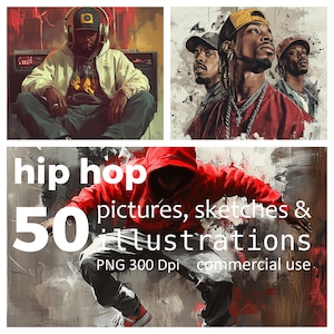 Puede incluir: Una colección de 50 ilustraciones, fotos y bocetos de hip hop. Las ilustraciones están en una variedad de estilos, incluyendo realista, de dibujos animados y abstracto. Las ilustraciones están todas en formato PNG y tienen 300 DPI. Son para uso comercial.