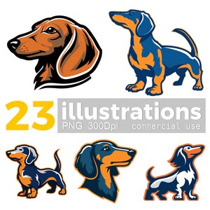 Könnte beinhalten: Eine Sammlung von Dackel-Illustrationen in verschiedenen Posen und Stilen. Die Bilder zeigen die Hunde in Braun-, Blau- und Orangetönen mit schwarzer Umrandung. Die Zahl "23" ist gelb, und der Text "Illustrationen" ist grau.