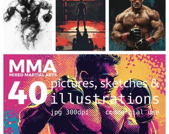 Ilustraciones de luchadores de MMA: 40 bocetos de artes marciales en formato JPEG (uso comercial) (descarga digital)