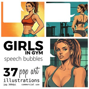 May include: A digital illustration set of 37 pop art style images of women working out at the gym. The images feature women in various poses, including lifting weights, running on treadmills, and doing yoga. The illustrations are in a bright, colourful style and are perfect for use in fitness-related projects.