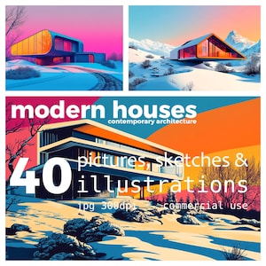 40 illustrazioni JPEG, immagini e schizzi di Modern Contemporary House, architettura, uso commerciale Download digitale istantaneo