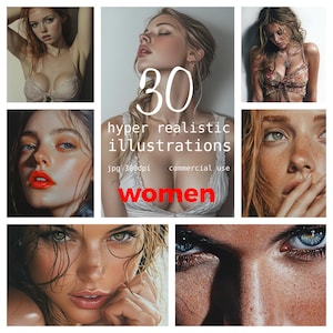 30 JPEG Illustrazioni iperrealistiche ritratto di belle donne ragazze Uso commerciale Carta digitale Download immediato Artigianato di carta