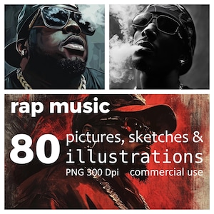 Peut inclure: Une illustration numérique d'un rappeur portant une casquette noire et des lunettes de soleil. L'image fait partie d'un ensemble de 80 images, croquis et illustrations de musique rap. Le texte "rap music" et "80 illustrations" est affiché en blanc sur fond rouge. Le texte "PNG 300 Dpi commercial use" est affiché en blanc sur fond noir.