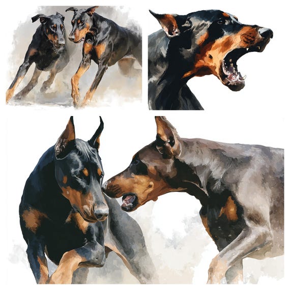 犬 ドーベルマン 大型犬 水彩画 原画 ドーベルマン犬のPNG水彩イラスト62点、ペットの犬をテーマにした