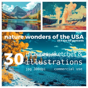 30 ilustrações e esboços em JPEG de maravilhas da natureza nos EUA, tamanho 16:9 para cartão postal de férias, uso comercial, download instantâneo digital