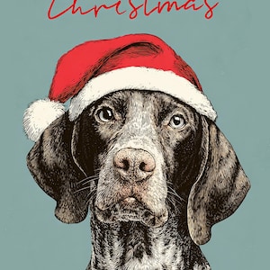 May include: A detailed illustration of a dog wearing a Santa hat, with the words "MERRY Christmas" in red script above. The dog has brown and white fur and a light blue background. The words "CHRISTMAS ILLUSTRATIONS" are at the bottom.