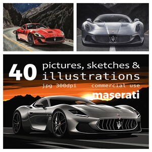 Maserati Sports Car Illustrations: 40 JPEG Clipart Set (Commercial Use) (Digital Download)