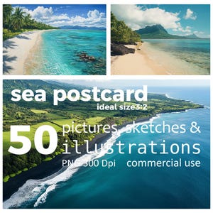 50 ilustraciones PNG, imágenes, bocetos de temas de mar, océano y playa para postales en relación de aspecto 3:2. Uso comercial. Descarga digital instantánea.