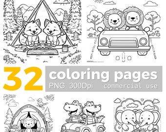 Animal Coloring Book, 32 PNG Pages (Digital Download)