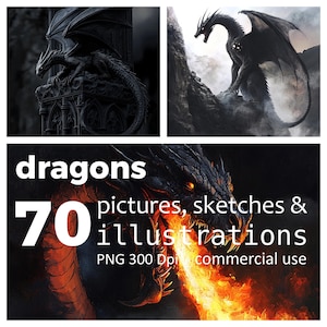 Puede incluir: Una colección de 70 imágenes, bocetos e ilustraciones de dragones. Las imágenes están en formato PNG y tienen una resolución de 300 DPI. Son para uso comercial.